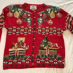 Tiara Red Vintage Christmas Teddy & Gifts Knit Cardigan Sweater Ugly